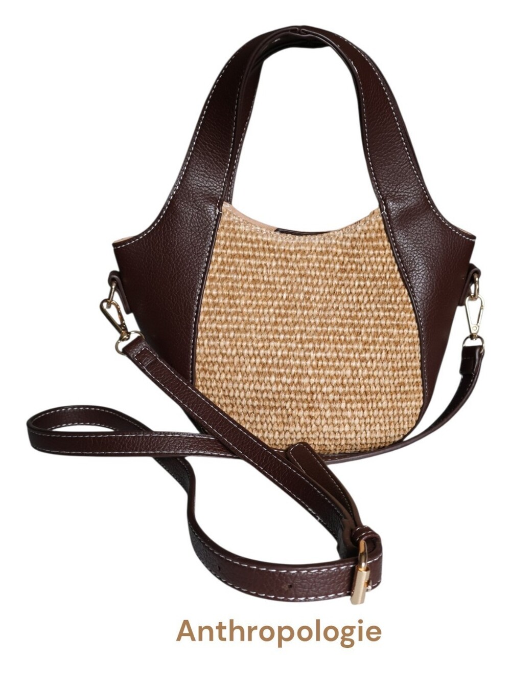 Anthropologie Sonia Mini Slouchy Tote Bag Raffia Crossbody Chocolate Brown